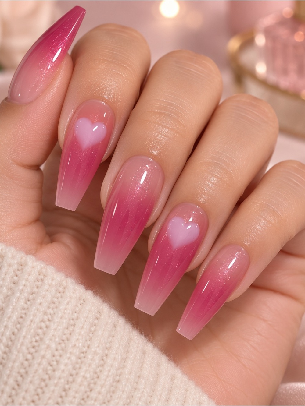 Pink Ombré Heart Press-On Nails Long Coffin Shimmer Manicure Set AC108